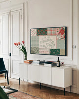 Blooming Christmas I by Laura Marshall. shown as a framed stretched canvas in a living room above a console. Available as a archival giclee rolled canvas, fine art paper, or poster print. SKU 102976i.