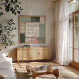Blooming Christmas III by Laura Marshall. Shown in a natural wood frame in a cozy modern living room. Available as an archival giclee rolled canvas, fine art paper, or poster print. SKU 102978a.