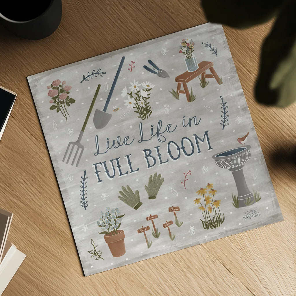 Blooming Garden I by Laura Marshall. Shown as a detailed flat fine art print, highlighting archival giclee quality. Available as an archival giclee rolled canvas, fine art paper, or poster print. SKU 32069a.