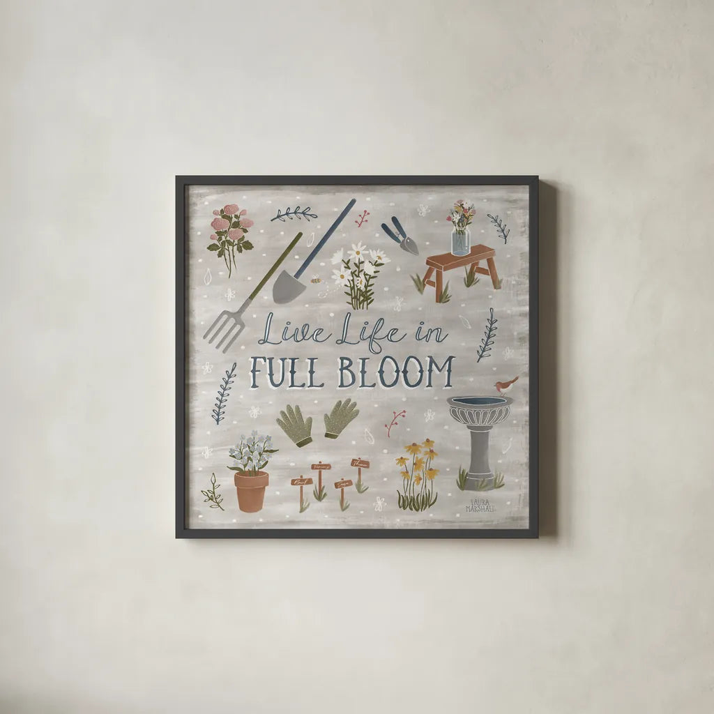 Blooming Garden I by Laura Marshall. Shown in a sleek black glass frame for a contemporary gallery look. Available as an archival giclee rolled canvas, fine art paper, or poster print. SKU 32069a.