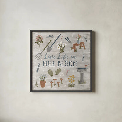 Blooming Garden I by Laura Marshall. Shown in a sleek black glass frame for a contemporary gallery look. Available as an archival giclee rolled canvas, fine art paper, or poster print. SKU 32069a.