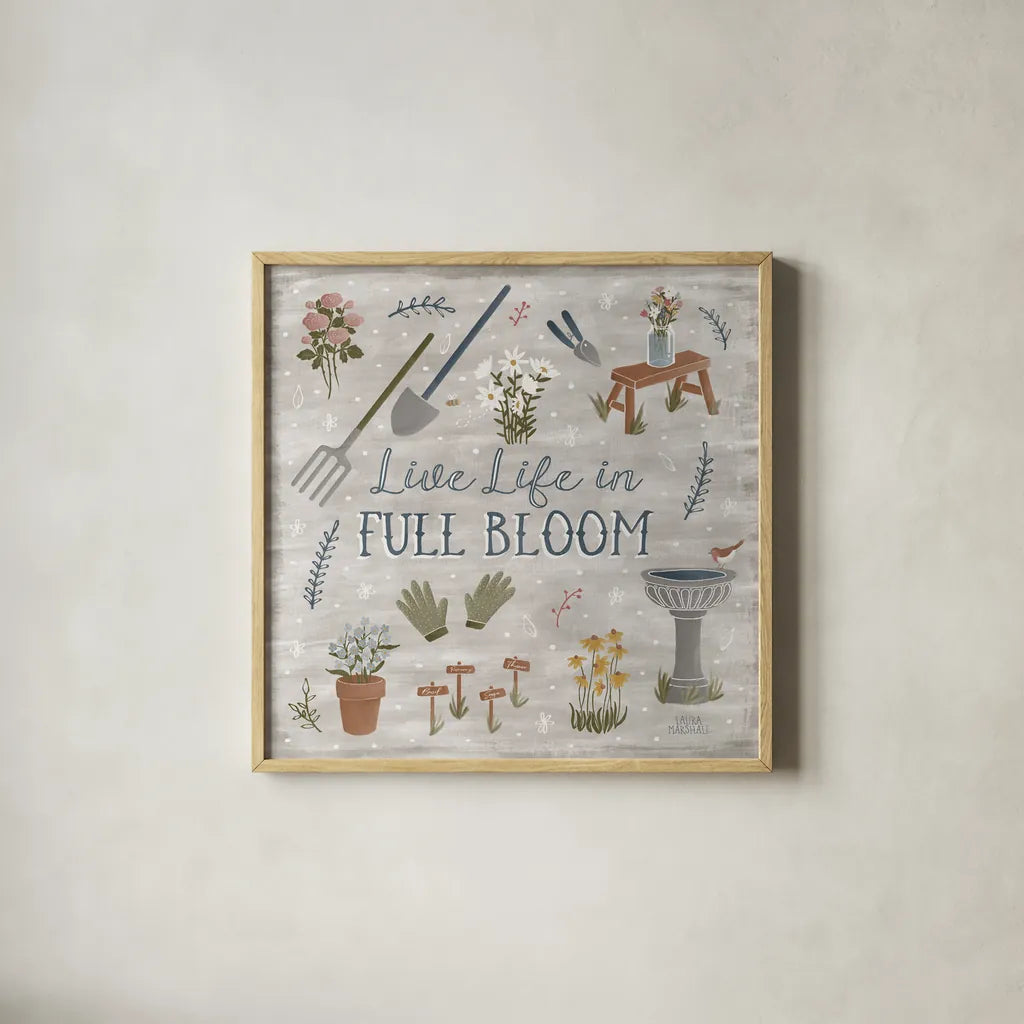 Blooming Garden I by Laura Marshall. Shown in a natural wood glass frame for a timeless modern aesthetic. Available as an archival giclee rolled canvas, fine art paper, or poster print. SKU 32069a.