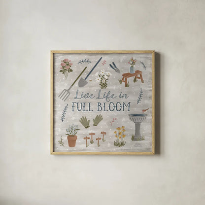 Blooming Garden I by Laura Marshall. Shown in a natural wood glass frame for a timeless modern aesthetic. Available as an archival giclee rolled canvas, fine art paper, or poster print. SKU 32069a.