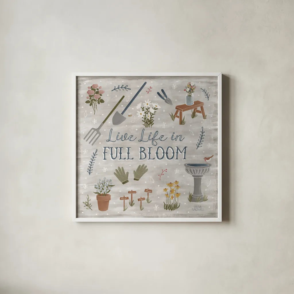 Blooming Garden I by Laura Marshall. Shown in a crisp white glass frame for a clean and minimalist style. Available as an archival giclee rolled canvas, fine art paper, or poster print. SKU 32069a.