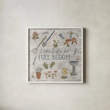 Blooming Garden I by Laura Marshall. Shown in a crisp white glass frame for a clean and minimalist style. Available as an archival giclee rolled canvas, fine art paper, or poster print. SKU 32069a.
