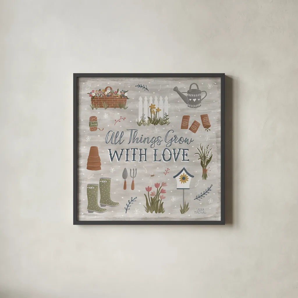 Blooming Garden II by Laura Marshall. Shown in a sleek black glass frame for a contemporary gallery look. Available as an archival giclee rolled canvas, fine art paper, or poster print. SKU 32070a.