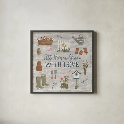 Blooming Garden II by Laura Marshall. Shown in a sleek black glass frame for a contemporary gallery look. Available as an archival giclee rolled canvas, fine art paper, or poster print. SKU 32070a.