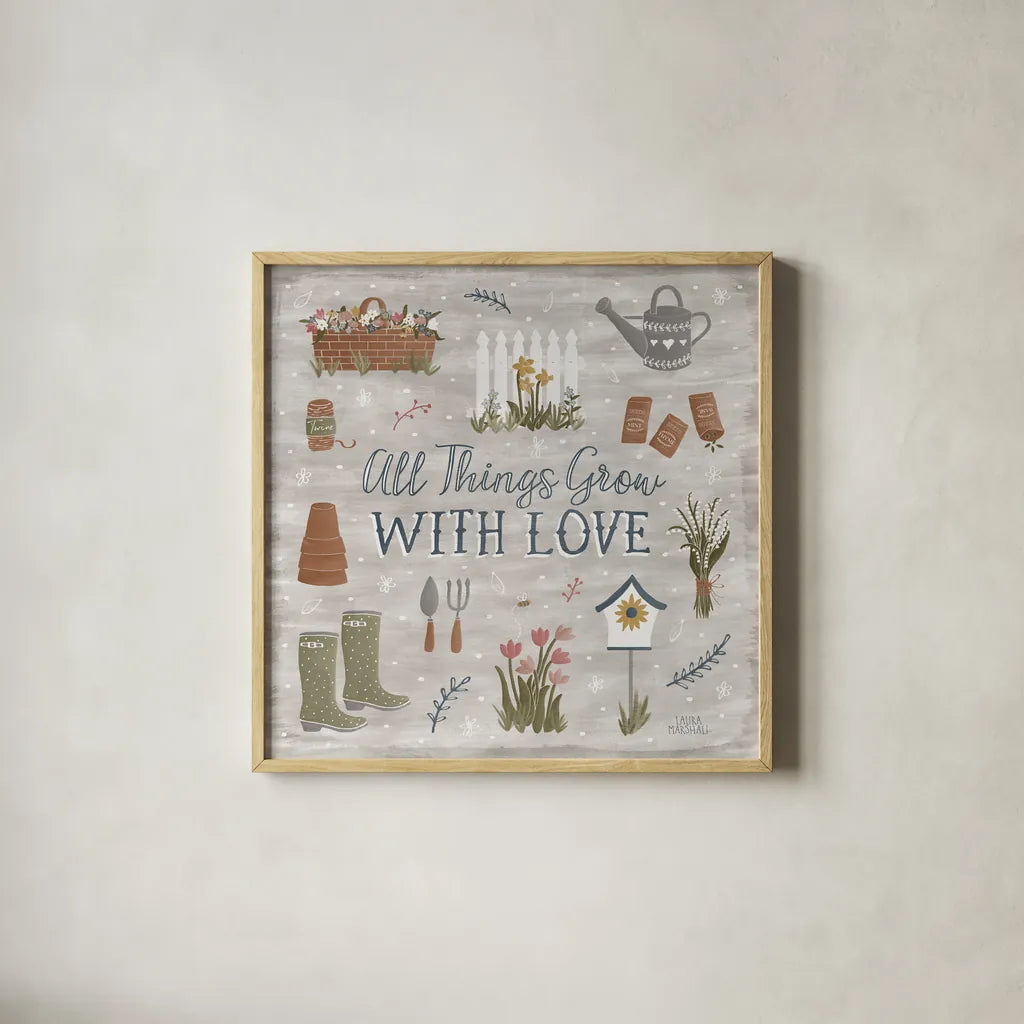 Blooming Garden II by Laura Marshall. Shown in a natural wood glass frame for a timeless modern aesthetic. Available as an archival giclee rolled canvas, fine art paper, or poster print. SKU 32070a.