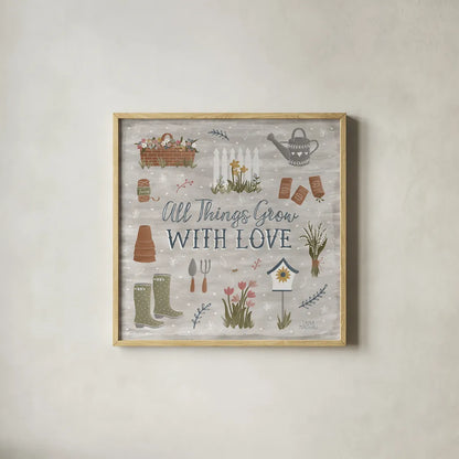 Blooming Garden II by Laura Marshall. Shown in a natural wood glass frame for a timeless modern aesthetic. Available as an archival giclee rolled canvas, fine art paper, or poster print. SKU 32070a.