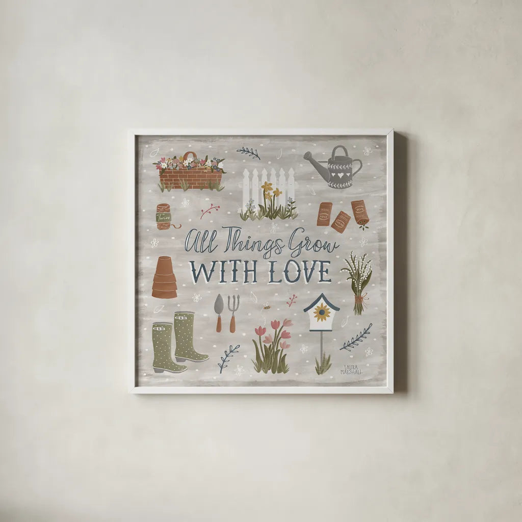 Blooming Garden II by Laura Marshall. Shown in a crisp white glass frame for a clean and minimalist style. Available as an archival giclee rolled canvas, fine art paper, or poster print. SKU 32070a.