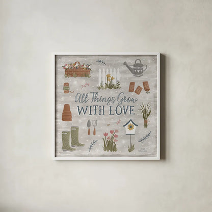 Blooming Garden II by Laura Marshall. Shown in a crisp white glass frame for a clean and minimalist style. Available as an archival giclee rolled canvas, fine art paper, or poster print. SKU 32070a.