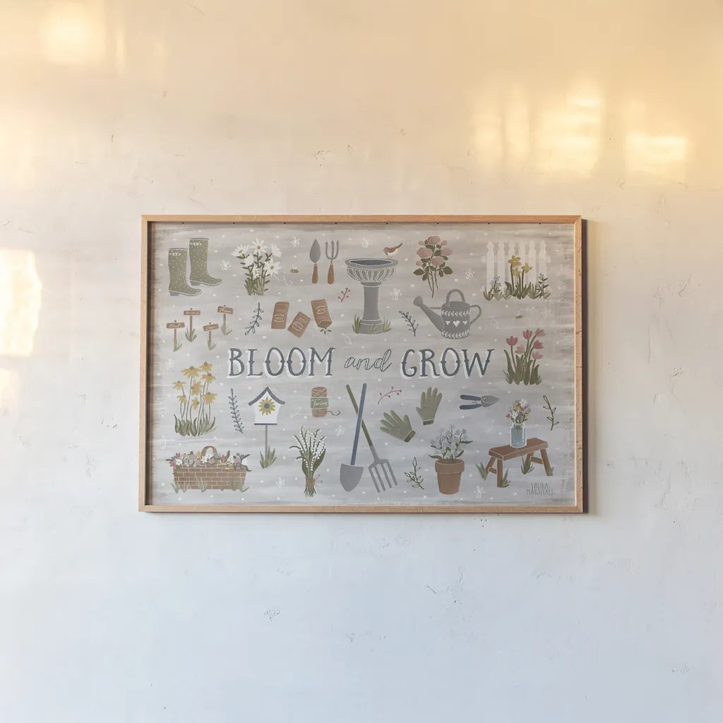 Blooming Garden III by Laura Marshall. shown as a paper print in a natural frame. Available as a archival giclee rolled canvas, fine art paper, or poster print. SKU 32071i.