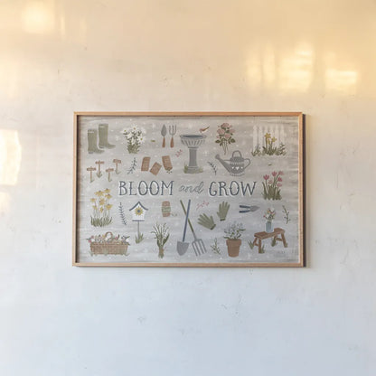 Blooming Garden III by Laura Marshall. shown as a paper print in a natural frame. Available as a archival giclee rolled canvas, fine art paper, or poster print. SKU 32071i.