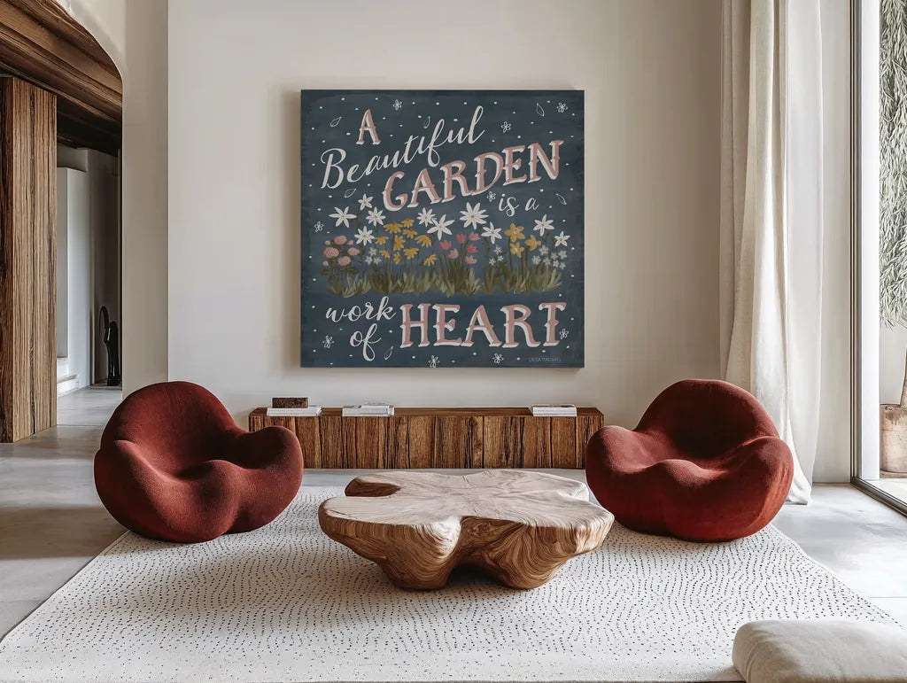Blooming Garden IV by Laura Marshall. Shown as extra-large giant wall art in a modern living room. Available as an archival giclee rolled canvas, fine art paper, or poster print. SKU 32072a.