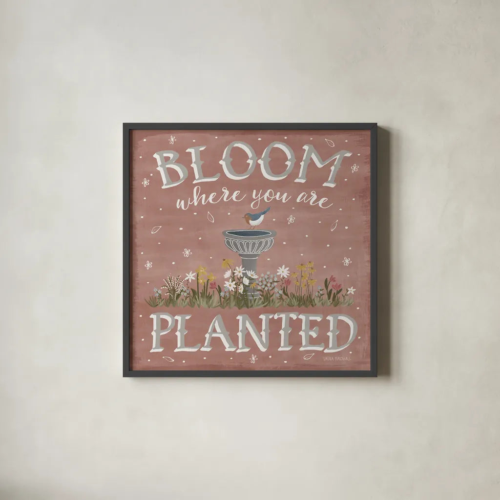 Blooming Garden VII by Laura Marshall. Shown in a sleek black glass frame for a contemporary gallery look. Available as an archival giclee rolled canvas, fine art paper, or poster print. SKU 32075a.