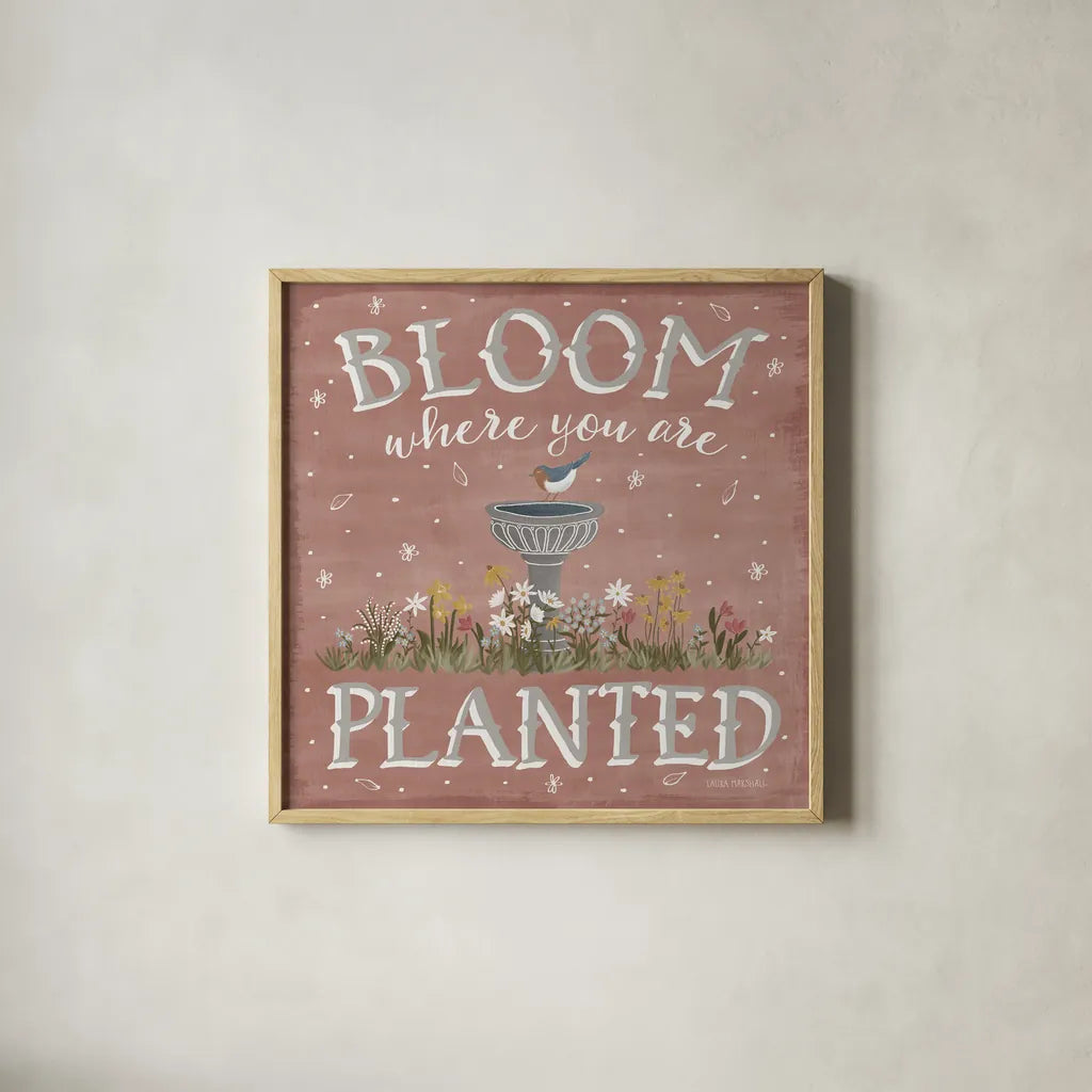 Blooming Garden VII by Laura Marshall. Shown in a natural wood glass frame for a timeless modern aesthetic. Available as an archival giclee rolled canvas, fine art paper, or poster print. SKU 32075a.