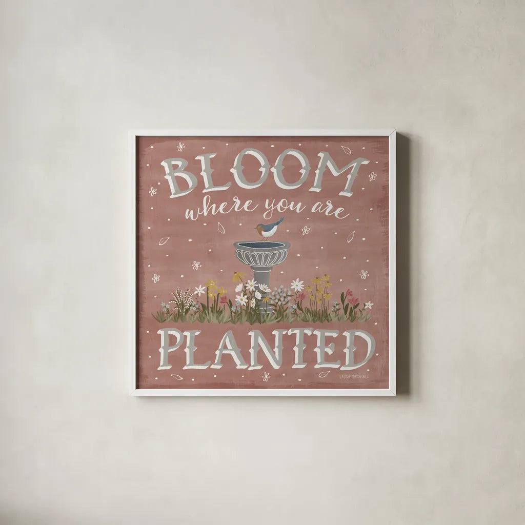 Blooming Garden VII by Laura Marshall. Shown in a crisp white glass frame for a clean and minimalist style. Available as an archival giclee rolled canvas, fine art paper, or poster print. SKU 32075a.