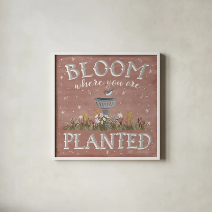 Blooming Garden VII by Laura Marshall. Shown in a crisp white glass frame for a clean and minimalist style. Available as an archival giclee rolled canvas, fine art paper, or poster print. SKU 32075a.