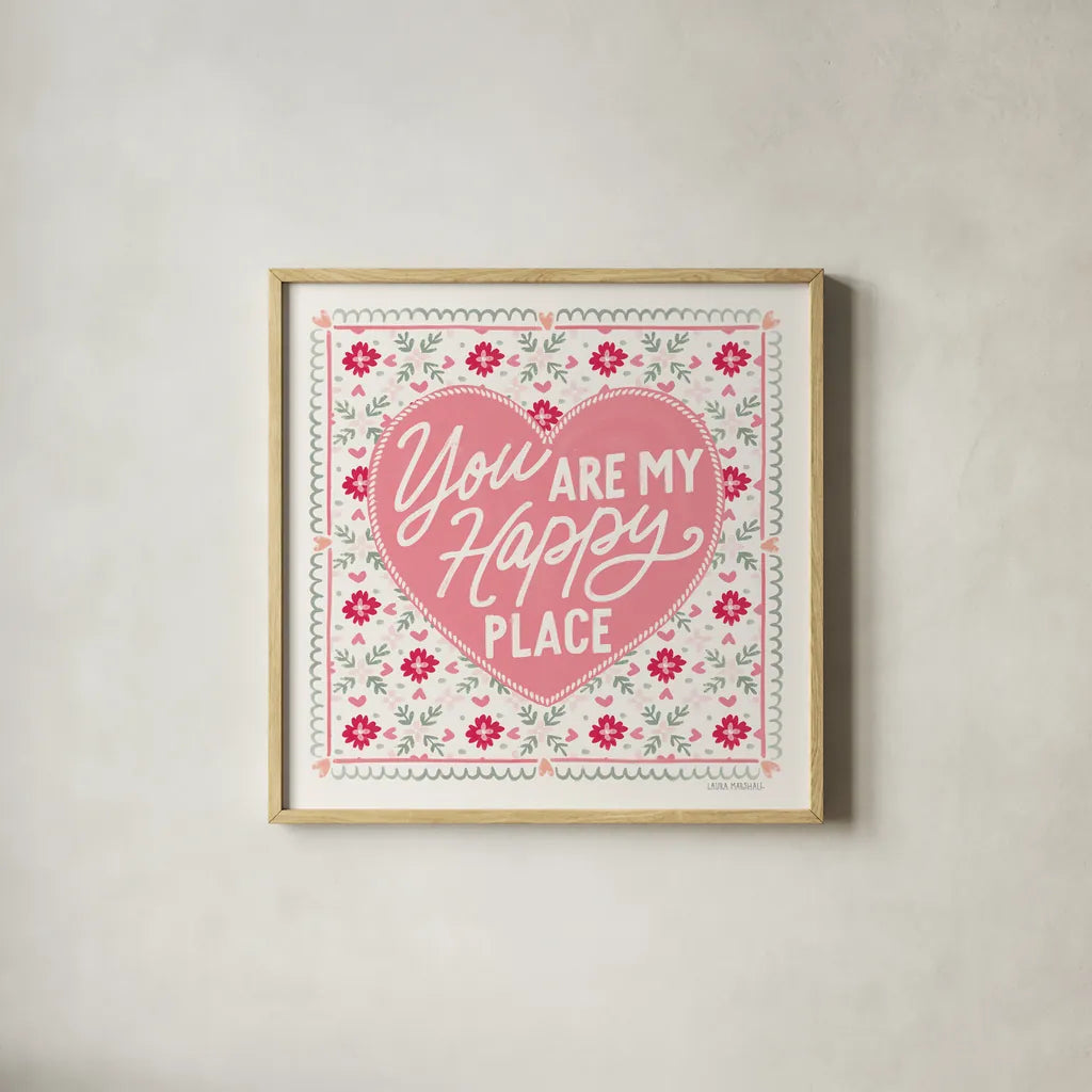 Blooming Hearts  VI v2 by Laura Marshall. Shown in a natural wood glass frame for a timeless modern aesthetic. Available as an archival giclee rolled canvas, fine art paper, or poster print. SKU 97410a.