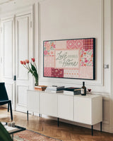 Blooming Hearts I by Laura Marshall. shown as a framed stretched canvas in a living room above a console. Available as a archival giclee rolled canvas, fine art paper, or poster print. SKU 93008i.
