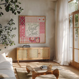 Blooming Hearts II by Laura Marshall. Shown in a natural wood frame in a cozy modern living room. Available as an archival giclee rolled canvas, fine art paper, or poster print. SKU 93009a.