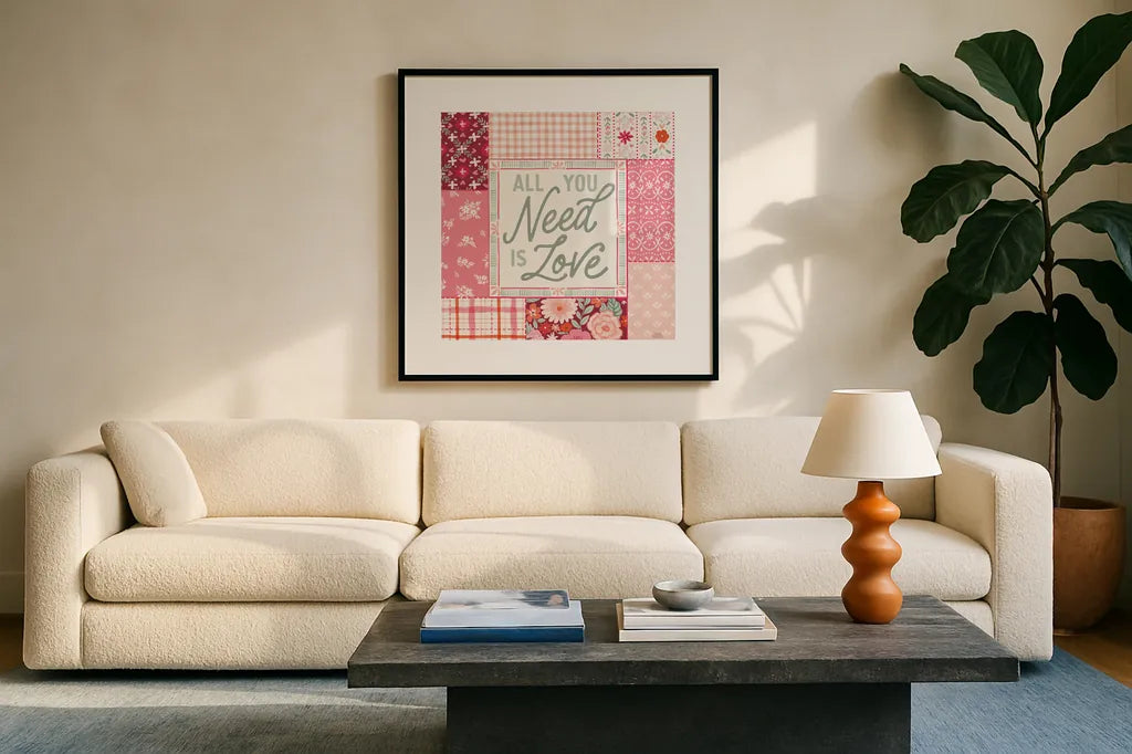 Blooming Hearts II by Laura Marshall. Displayed in a glass frame with matte in a clean modern living room. Available as an archival giclee rolled canvas, fine art paper, or poster print. SKU 93009a.