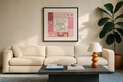 Blooming Hearts II by Laura Marshall. Displayed in a glass frame with matte in a clean modern living room. Available as an archival giclee rolled canvas, fine art paper, or poster print. SKU 93009a.