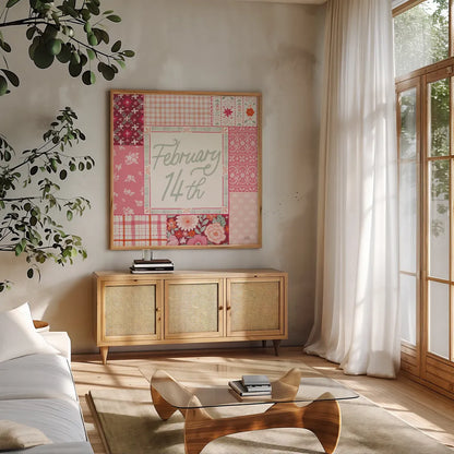 Blooming Hearts II v2 by Laura Marshall. Shown in a natural wood frame in a cozy modern living room. Available as an archival giclee rolled canvas, fine art paper, or poster print. SKU 97408a.