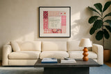 Blooming Hearts II v2 by Laura Marshall. Displayed in a glass frame with matte in a clean modern living room. Available as an archival giclee rolled canvas, fine art paper, or poster print. SKU 97408a.