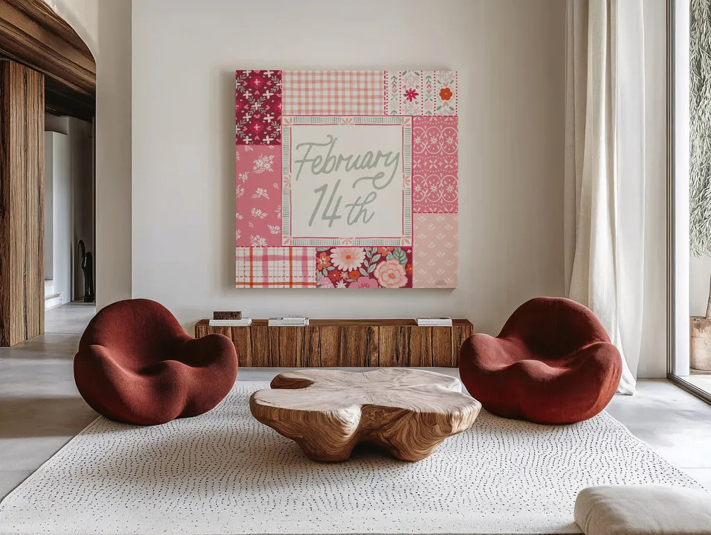 Blooming Hearts II v2 by Laura Marshall. Shown as extra-large giant wall art in a modern living room. Available as an archival giclee rolled canvas, fine art paper, or poster print. SKU 97408a.