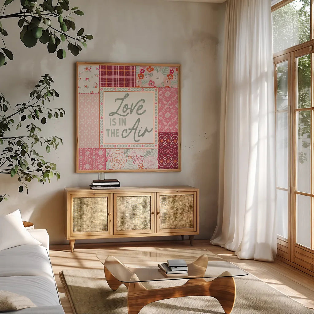 Blooming Hearts III by Laura Marshall. Shown in a natural wood frame in a cozy modern living room. Available as an archival giclee rolled canvas, fine art paper, or poster print. SKU 93010a.