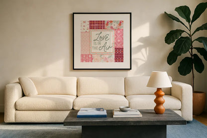 Blooming Hearts III by Laura Marshall. Displayed in a glass frame with matte in a clean modern living room. Available as an archival giclee rolled canvas, fine art paper, or poster print. SKU 93010a.