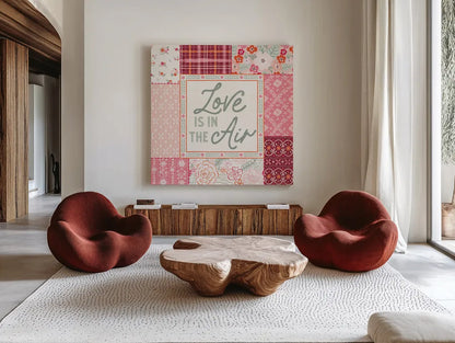 Blooming Hearts III by Laura Marshall. Shown as extra-large giant wall art in a modern living room. Available as an archival giclee rolled canvas, fine art paper, or poster print. SKU 93010a.