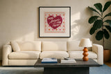 Blooming Hearts IV v2 by Laura Marshall. Displayed in a glass frame with matte in a clean modern living room. Available as an archival giclee rolled canvas, fine art paper, or poster print. SKU 97409a.
