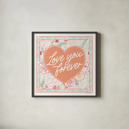 Blooming Hearts V by Laura Marshall. Shown in a sleek black glass frame for a contemporary gallery look. Available as an archival giclee rolled canvas, fine art paper, or poster print. SKU 93012a.
