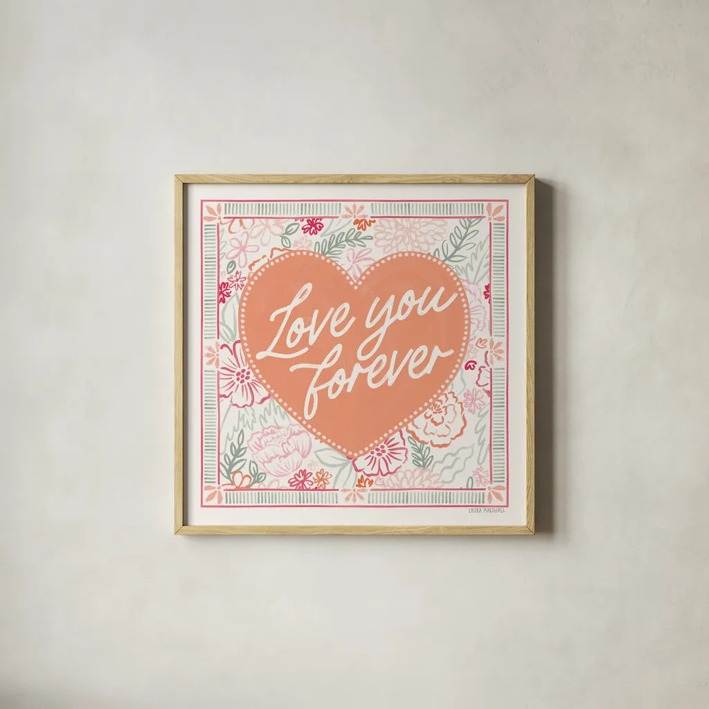 Blooming Hearts V by Laura Marshall. Shown in a natural wood glass frame for a timeless modern aesthetic. Available as an archival giclee rolled canvas, fine art paper, or poster print. SKU 93012a.