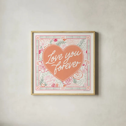 Blooming Hearts V by Laura Marshall. Shown in a natural wood glass frame for a timeless modern aesthetic. Available as an archival giclee rolled canvas, fine art paper, or poster print. SKU 93012a.