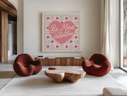 Blooming Hearts VI by Laura Marshall. Shown as extra-large giant wall art in a modern living room. Available as an archival giclee rolled canvas, fine art paper, or poster print. SKU 93013a.