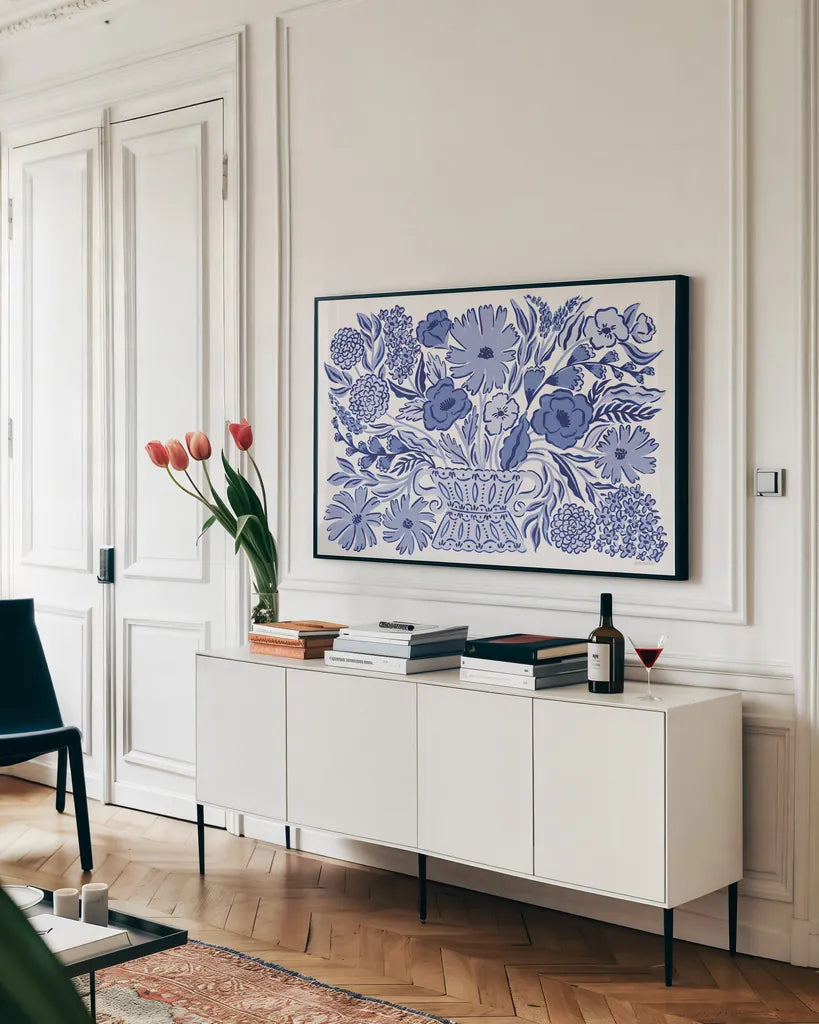 Blue Reverie I by Laura Marshall. shown as a framed stretched canvas in a living room above a console. Available as a archival giclee rolled canvas, fine art paper, or poster print. SKU 96782i.