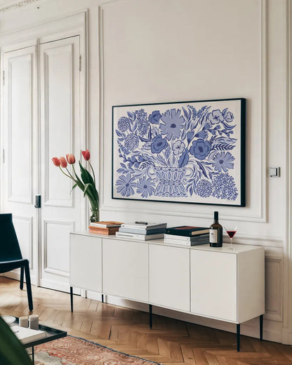 Blue Reverie I by Laura Marshall. shown as a framed stretched canvas in a living room above a console. Available as a archival giclee rolled canvas, fine art paper, or poster print. SKU 96782i.