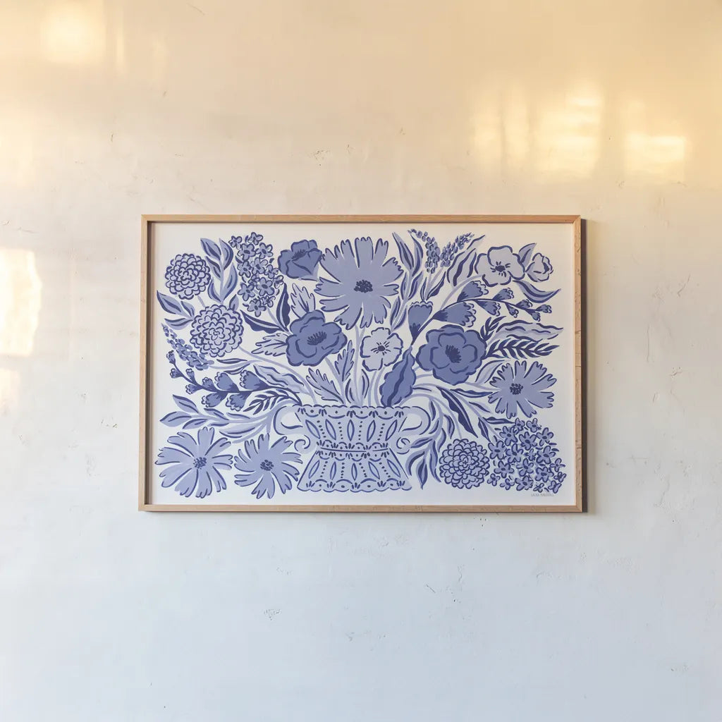 Blue Reverie I by Laura Marshall. shown as a paper print in a natural frame. Available as a archival giclee rolled canvas, fine art paper, or poster print. SKU 96782i.