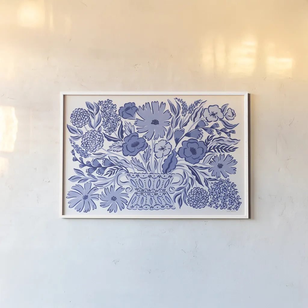 Blue Reverie I by Laura Marshall. shown as a paper print in a white frame. Available as a archival giclee rolled canvas, fine art paper, or poster print. SKU 96782i.