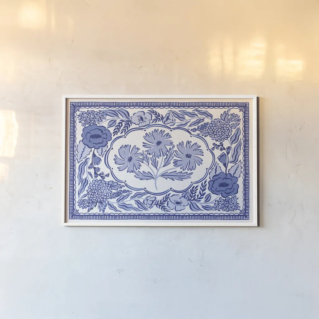 Blue Reverie IV by Laura Marshall. shown as a paper print in a white frame. Available as a archival giclee rolled canvas, fine art paper, or poster print. SKU 96785i.