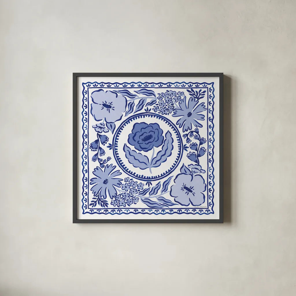 Blue Reverie V by Laura Marshall. Shown in a sleek black glass frame for a contemporary gallery look. Available as an archival giclee rolled canvas, fine art paper, or poster print. SKU 96786a.