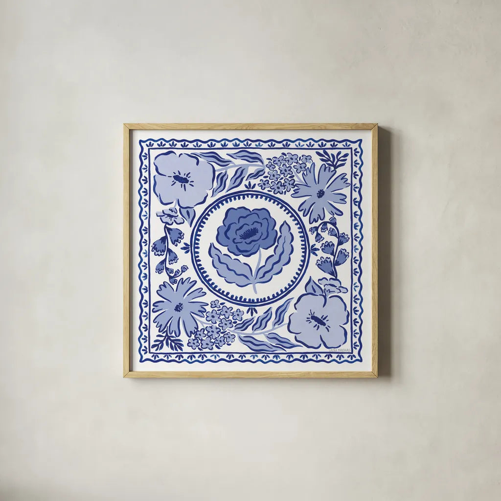 Blue Reverie V by Laura Marshall. Shown in a natural wood glass frame for a timeless modern aesthetic. Available as an archival giclee rolled canvas, fine art paper, or poster print. SKU 96786a.