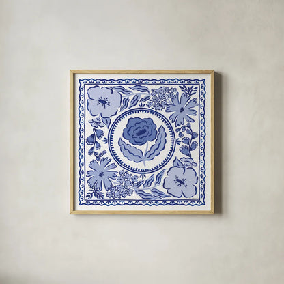 Blue Reverie V by Laura Marshall. Shown in a natural wood glass frame for a timeless modern aesthetic. Available as an archival giclee rolled canvas, fine art paper, or poster print. SKU 96786a.