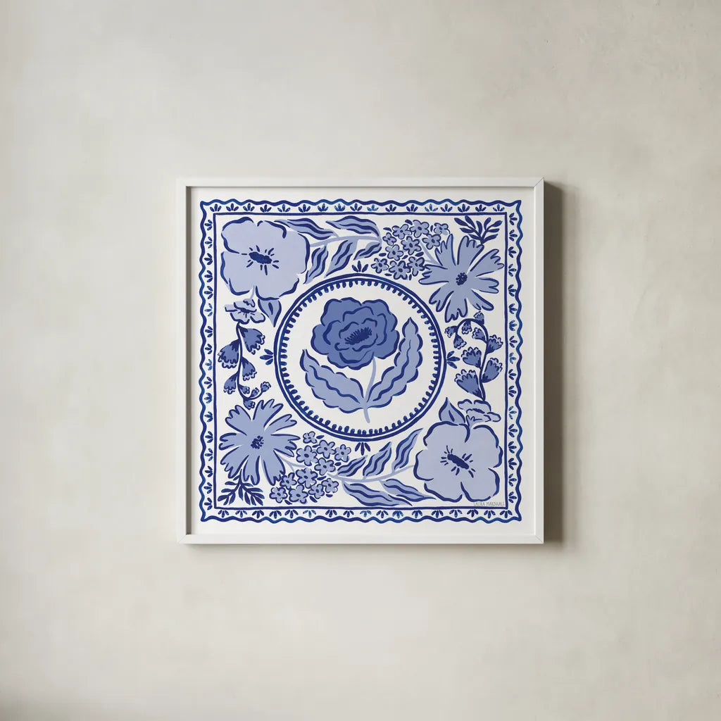 Blue Reverie V by Laura Marshall. Shown in a crisp white glass frame for a clean and minimalist style. Available as an archival giclee rolled canvas, fine art paper, or poster print. SKU 96786a.