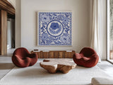 Blue Reverie V by Laura Marshall. Shown as extra-large giant wall art in a modern living room. Available as an archival giclee rolled canvas, fine art paper, or poster print. SKU 96786a.