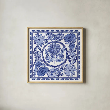 Blue Reverie VI by Laura Marshall. Shown in a natural wood glass frame for a timeless modern aesthetic. Available as an archival giclee rolled canvas, fine art paper, or poster print. SKU 96787a.