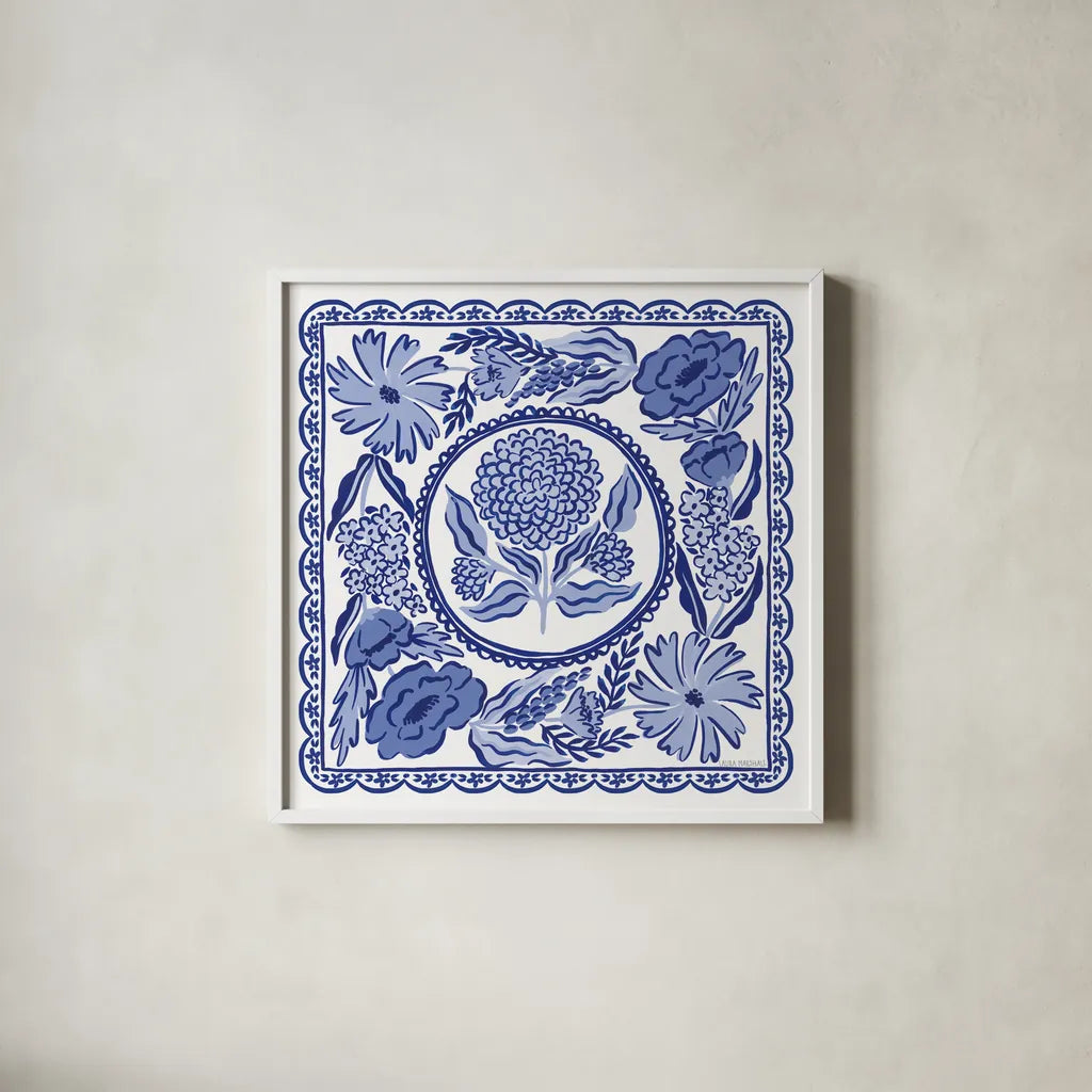 Blue Reverie VI by Laura Marshall. Shown in a crisp white glass frame for a clean and minimalist style. Available as an archival giclee rolled canvas, fine art paper, or poster print. SKU 96787a.